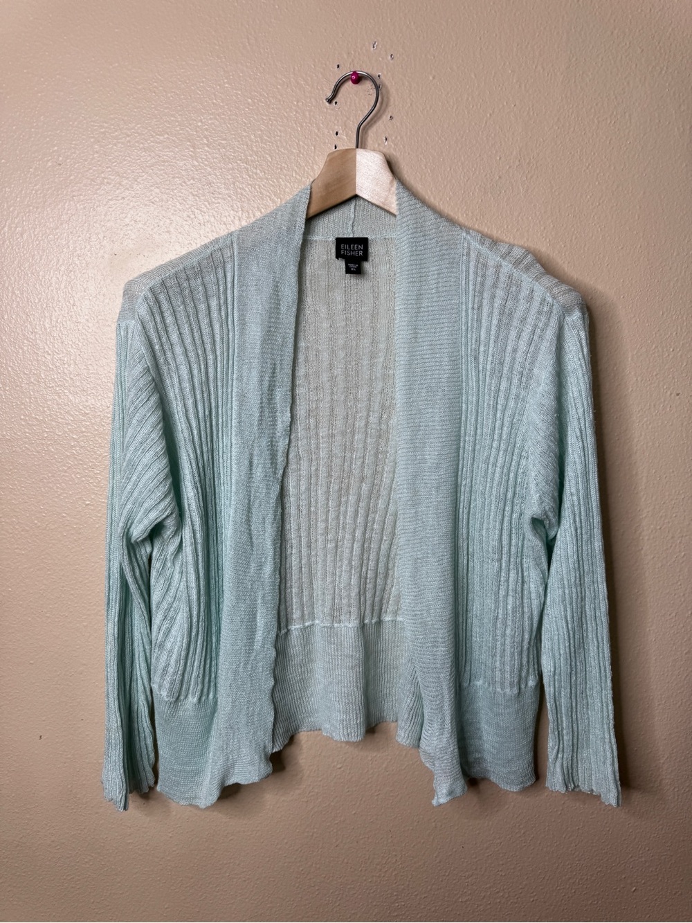 Eileen Fisher Women’s XL 100% Linen Open Front Ribbed Cardigan Light Blue